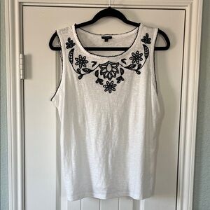 Talbots White Tank Top with Black Embroidery